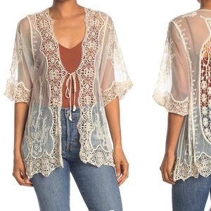 LIV Los Angeles Crochet Trim Tie Front Kimono